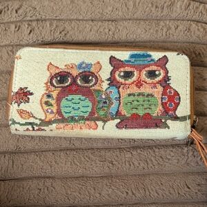 Whimsical Owl Tapestry Zip-Around Wallet in Multicolor